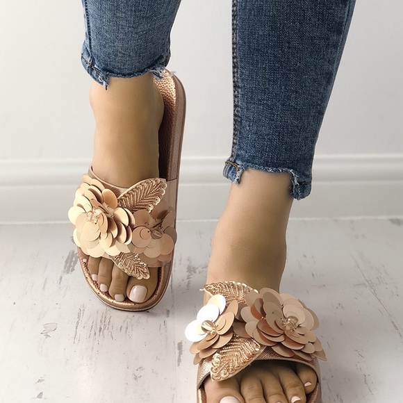 Rose Gold Flower Embellished Slides| MAKE A OFFER - Picture 3 of 8